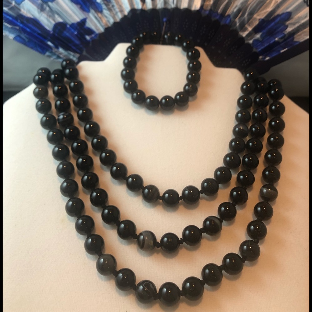 Natural Black agate 3 necklaces and bracelet